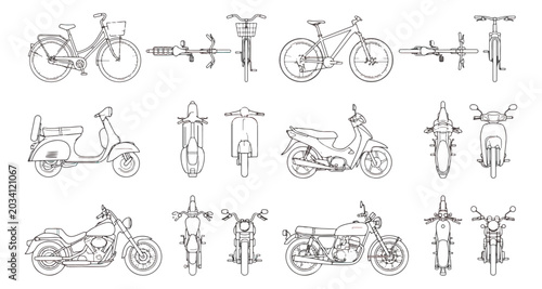 Fotografi Minimalist bicycle and motorcycle line art collection, technical vehicle bluepri