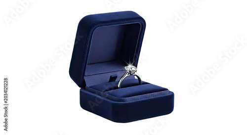 Diamond engagement ring displayed in open velvet jewelry gift box on transparent background