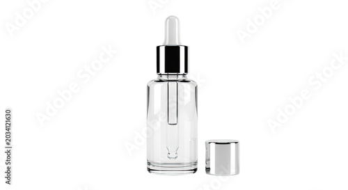 Empty transparent glass dropper bottle with silver cap on transparent background minimal design