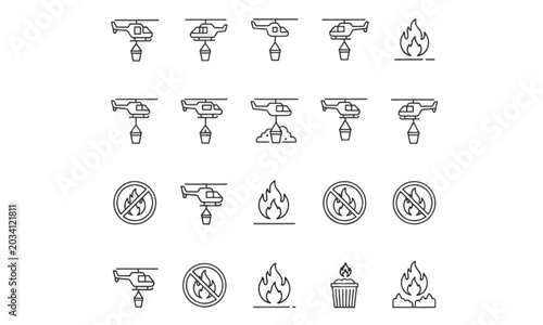 Schilderij op canvas Aerial firefighting helicopter and flame line icon set