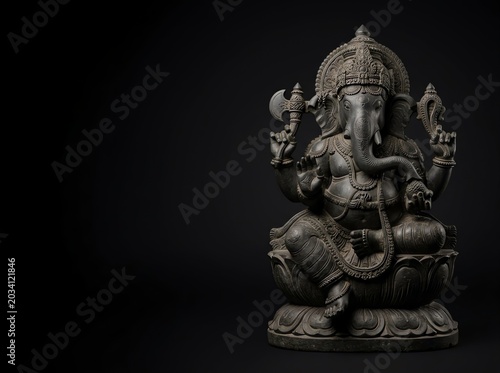 Intricately carved stone statue of lord ganesha sitting in a meditative pose featured in this detailed studio portrait photograph image