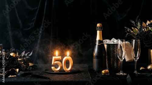 Golden candles shaped as number fifty glowing brightly next to a bottle of champagne and elegant glasses for celebration