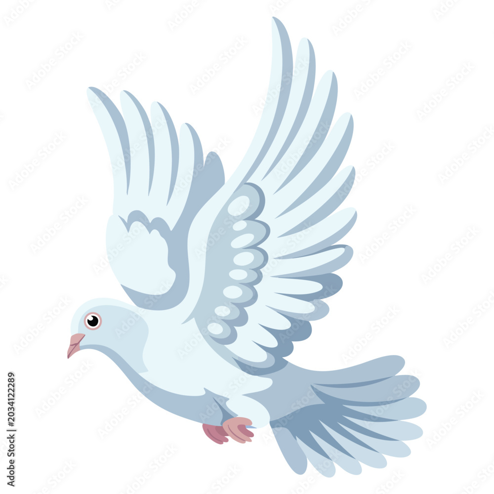Fototapeta premium Gorgeous albino dove flying with large wings spread isolated cartoon flat raster illustration on white background. Small bird symbolizing love and peace.
