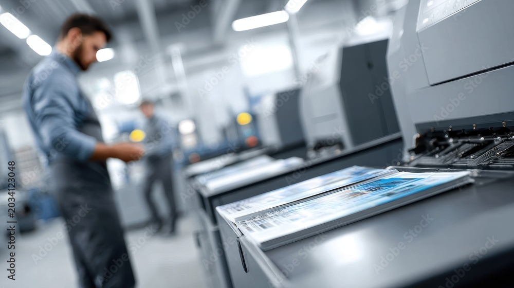Fototapeta premium Skilled worker operates modern printing machine in a bright industrial facility.