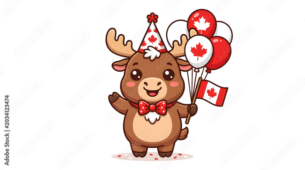 Fototapeta premium Cute cartoon moose celebrating Canada Day with flags and balloons for social media