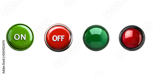 Glossy power buttons set, 3D round green and red on off switches isolated on white background