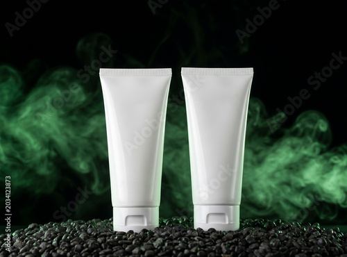 Cosmetic Tubes with Green Smoke Effect – Dark Luxury Skincare Beauty Product Photography