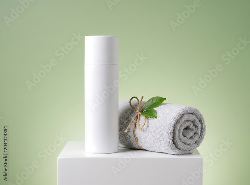 White Skincare Cosmetic Set with Towel and Plants – Natural Beauty Product Photography