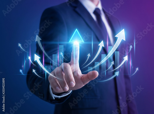 Businessman Touching Digital Arrow Growth Concept Photo – Success Innovation Future Technology