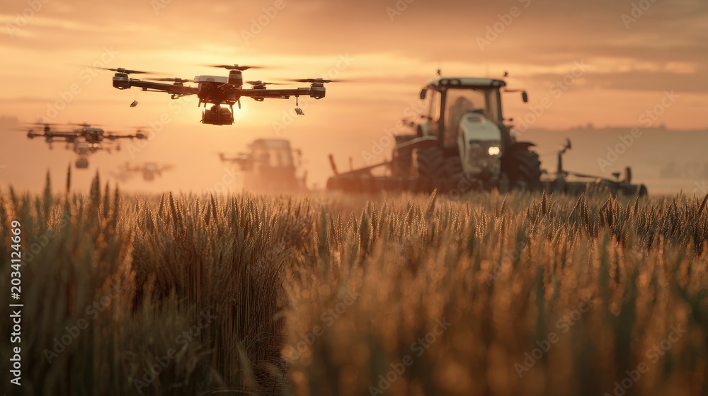 Fototapeta premium Autonomous Agricultural Robots Swarm over Wheat Field at Golden Sunset