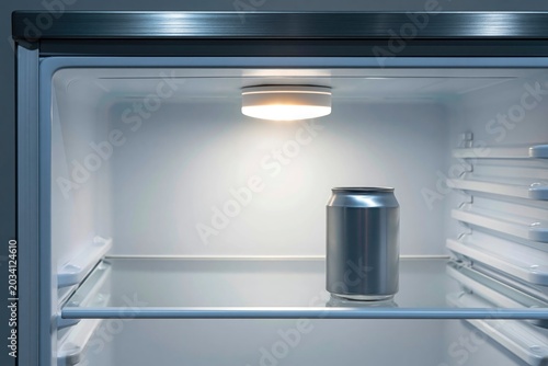 A single empty aluminum drink can standing on a glass shelf inside a refrigerator, illuminated by the interior light of an otherwise empty fridge.