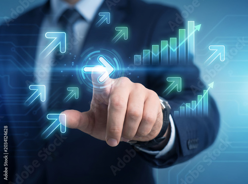 Business Growth Digital Technology Concept Photo – Hand Touching Graph Arrow Success Finance