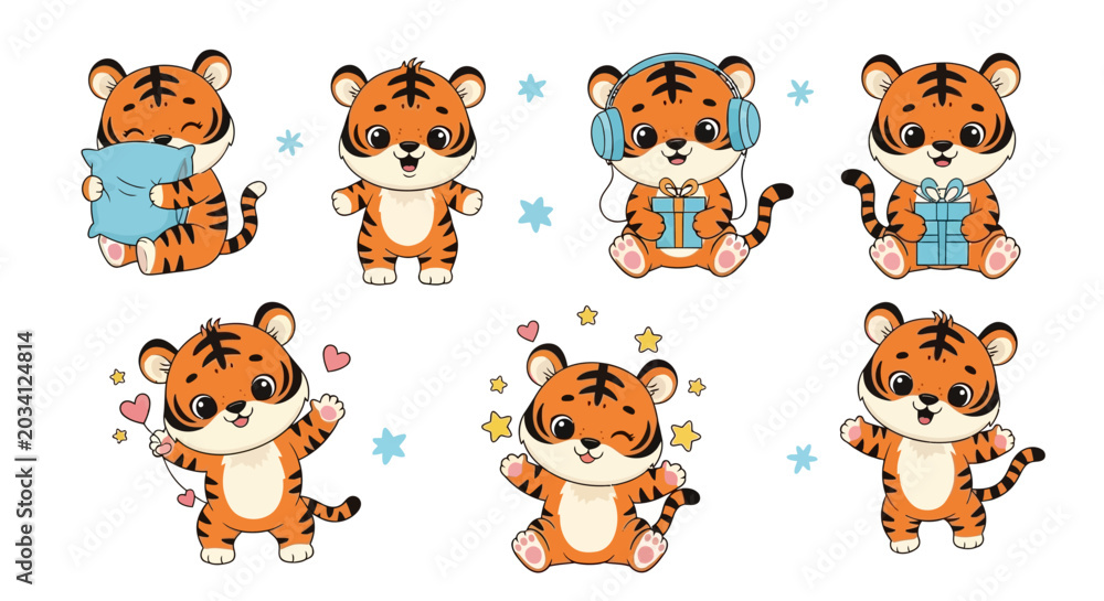 Fototapeta premium Cute Cartoon Tiger Character Sticker Set, Adorable Wild Animal Collection