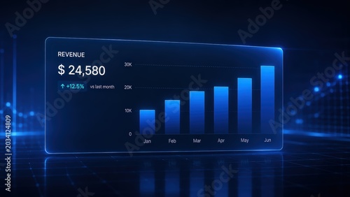 Abstract futuristic business dashboard with holographic analytics interface, glowing digital visualization background design.