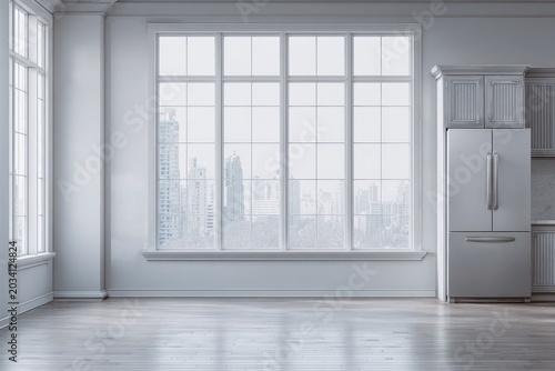 Bright modern kitchen with large windows and cityscape view.