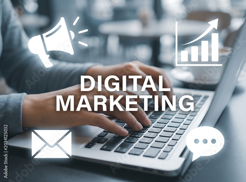 Digital Marketing Concept Photo – Business Man with Laptop Megaphone Chart Growth Strategy
