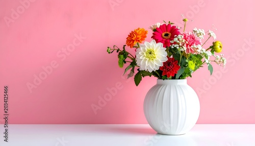 A diverse floral bouquet in a round, white vase against a soft pink backdrop