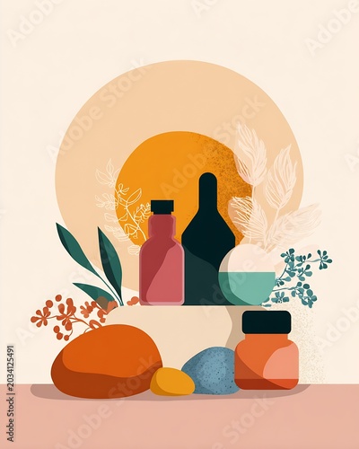 Minimal flat style still life of cosmetic bottles and botanical foliage with layered sun circles in warm earth tones