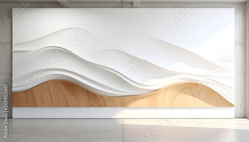 White abstract wavy wall art with wooden base, lit by sunlight, modern interior
