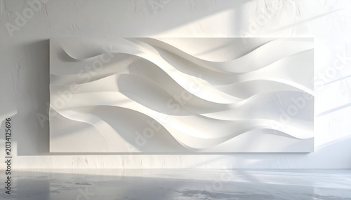 A minimalist white wall art piece featuring a wave-like, 3D textured design under sunlight