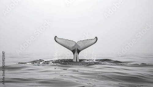 Black and white photo of a whale tail emerging from water, with misty horizon