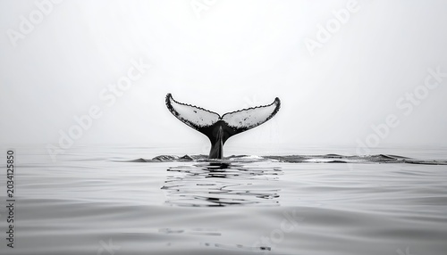 Black and white photo of a whale tail emerging from calm, gray ocean water