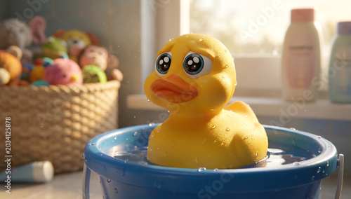 Yellow Rubber Duck in Wicker Basket – Cute Baby Toy Bathtub Fun Object Photography
