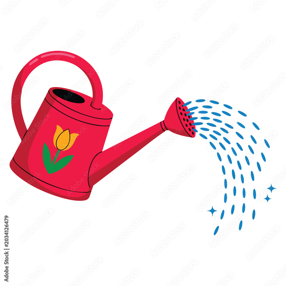 Obraz premium Flat design watering can isolated on white background with falling water drops. Vector illustration perfect for gardening related graphics.