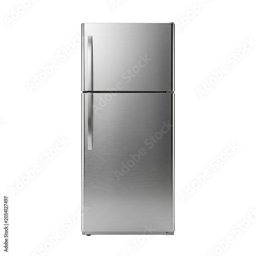 Modern stainless steel refrigerator shown in a photo on transparent background