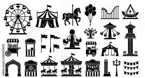Tableau sur toile Black and white carnival icons set including rides and attractions