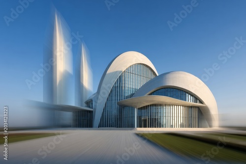 Modern architectural building with curved white shells against a clear blue sky.