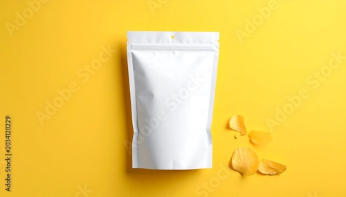 Blank Chips Bag Displayed on Light Pastel Yellow Background for Snack Packaging Mockup and Modern Product Branding Presentation