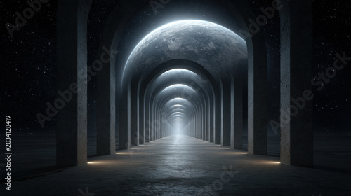 Futuristic tunnel corridor with planet sphere and star field in dark abstract architecture