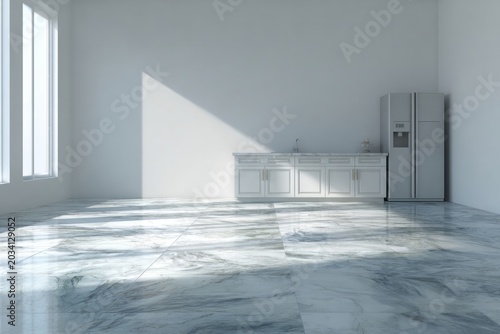 Modern kitchen with marble floor and bright natural light.
