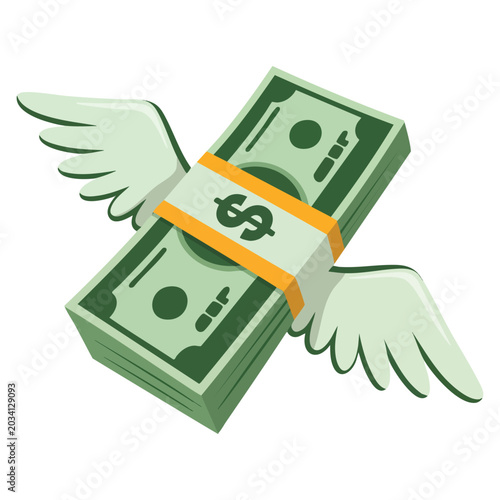 Foto Flying money with wings vector emoji illustration isolated on white background, ideal for finance, cash transfer, banking and money success themed designs