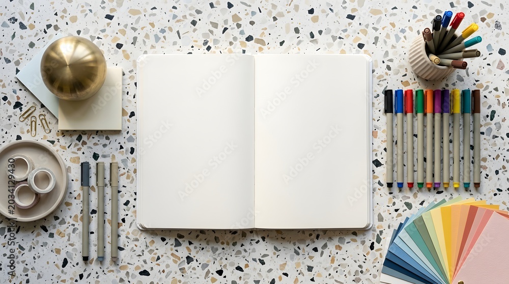 Obraz premium A creative workspace with art supplies and a blank notebook on a terrazzo surface