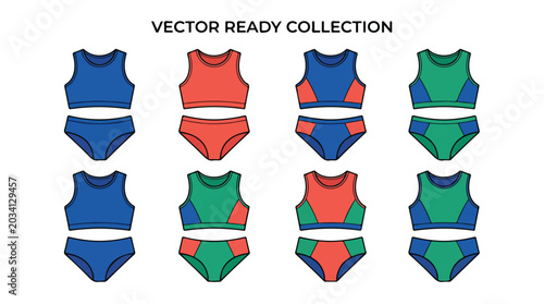 Women's athletic swimwear vector collection, 8 sets of bikini and tankini swimsuits, colorful flat fashion technical sketches for beachwear design