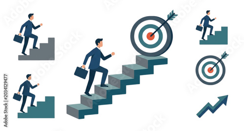 Business success illustration man climbing stairs with target and growth chart