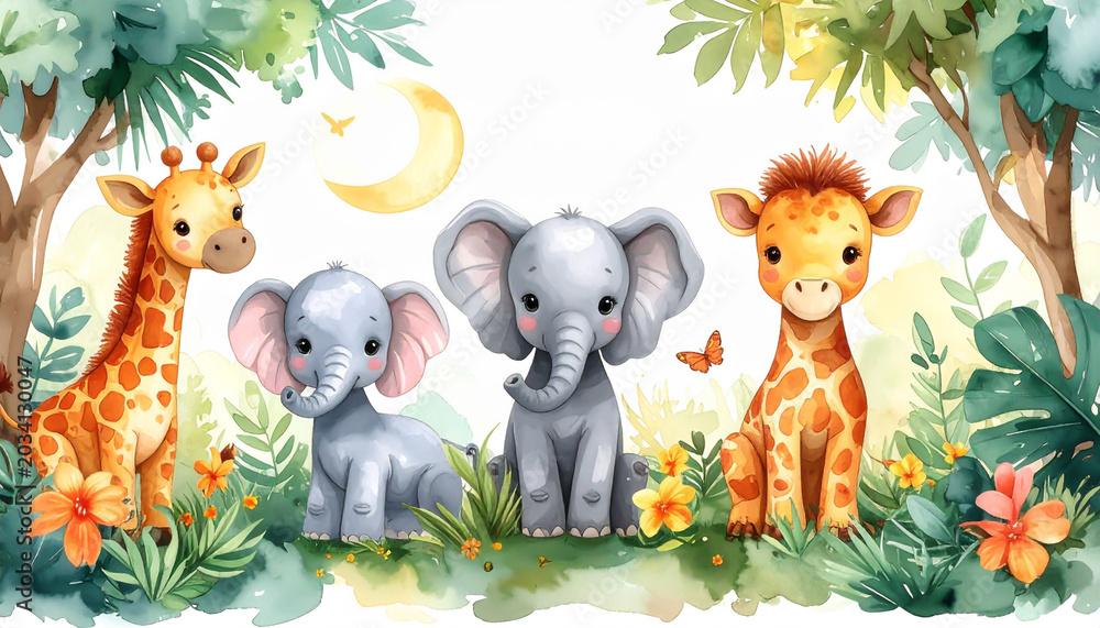 Naklejka premium Safari-Tiere als Aquarellillustration fürs Kinderzimmer