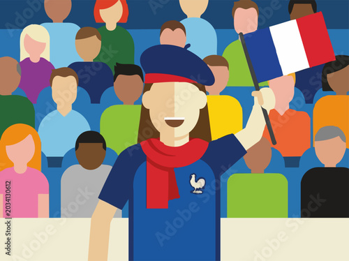 Happy French supporter with flag and team jersey cheering in crowd