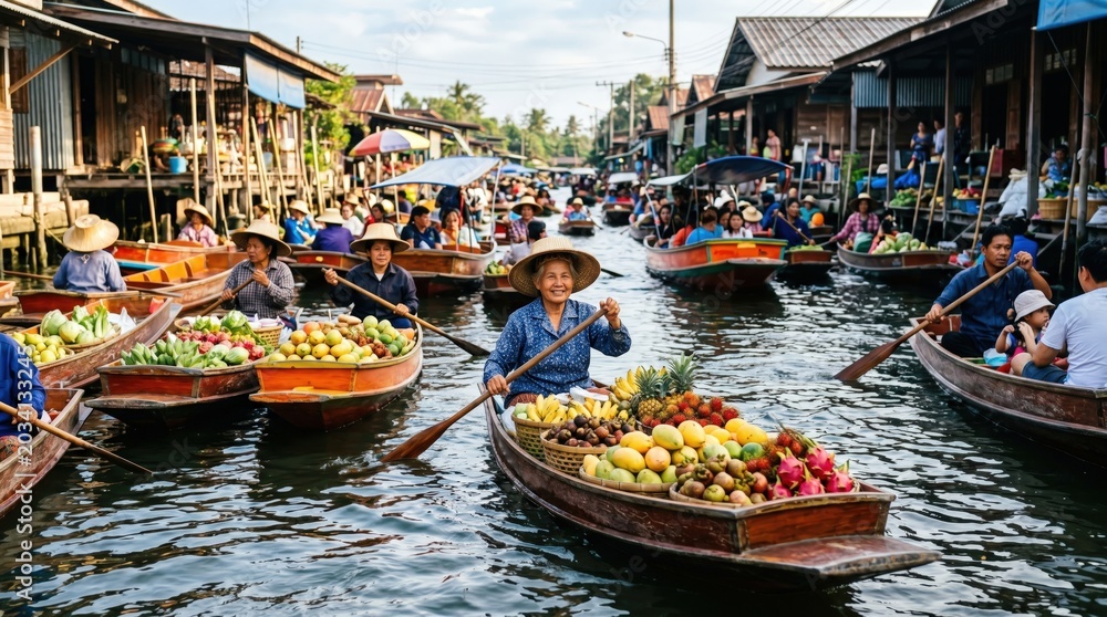 Obraz premium Vibrant Floating Market Scene with Colorful Fruits in Traditional Boats in Thailand's Canals