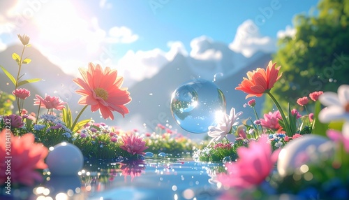 A magical landscape with vibrant wildflowers blooming near a crystal clear mountain stream under a bright glowing sun and blue skies.