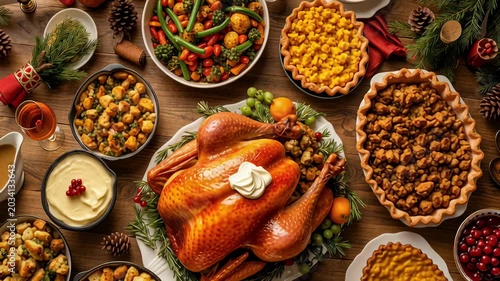 Tight overhead view of a festive Thanksgiving dinner table with a turkey in the center and potatoes with a dollop of butter, hearty stuffing, green bean casserole, pumpkin pie