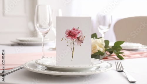 Elegant table setting featuring a decorative card with pink floral illustration centered on a white plate for a sophisticated event design.