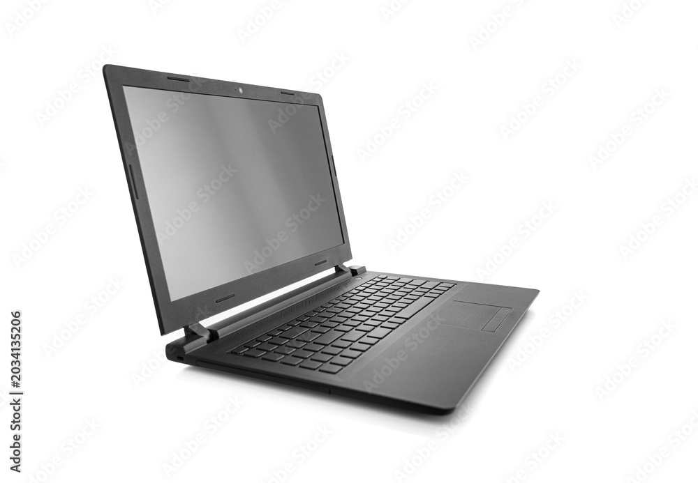 Obraz premium Modern black open laptop isolated on a white background.