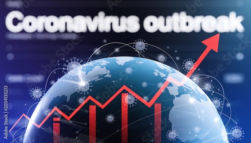 Global coronavirus outbreak depicted with a stylized earth, a rising red graph indicating increasing cases, and virus set against a dark, digital