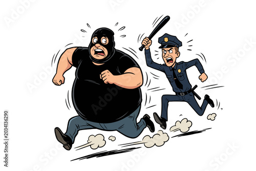 Photography Police officer chasing masked burglar cartoon illustration