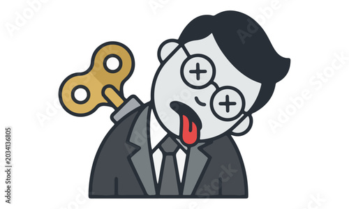 Photography Exhausted businessman with wind-up key representing burnout concept