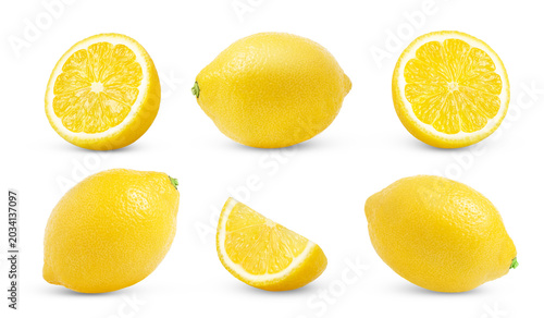 Foto Whole lemons, cut in a slice of lemon and half of lemon with clipping path