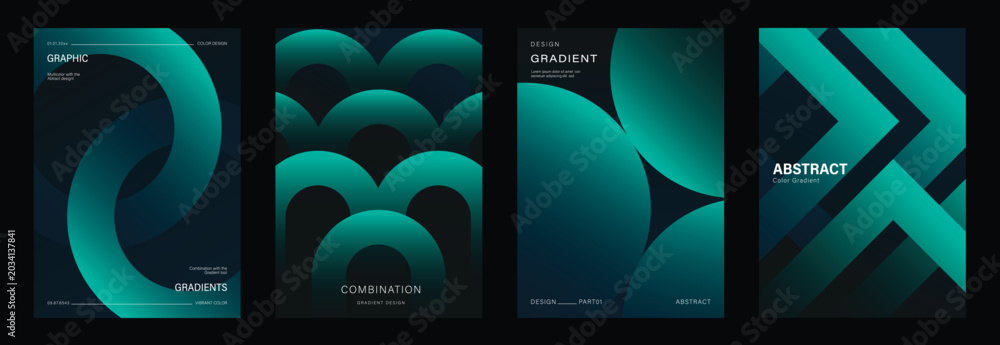 Obraz premium Abstract gradient poster vector set with dark teal geometric backgrounds, modern minimal cover layouts, circle shapes, arch patterns, arrow forms and futuristic graphic designs.